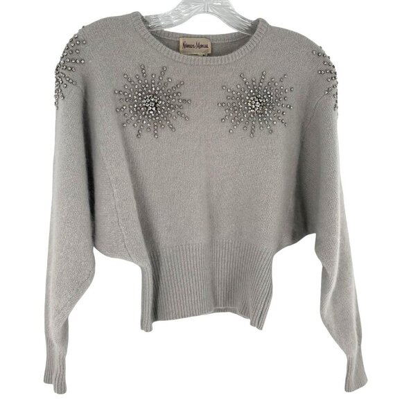 Vtg 80s Neiman Marcus Gray Rhinestone Embellished Angora Dolman Sleeve Sweater M - Picture 2 of 5